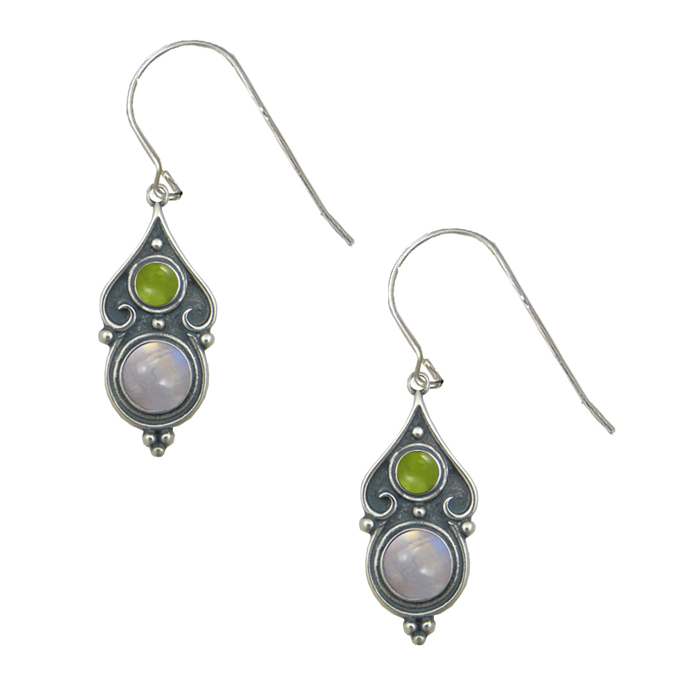 Sterling Silver Designer Post Stud Earrings With Rainbow Moonstone And Peridot
